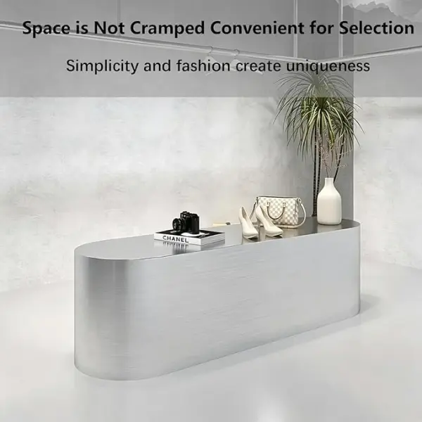 Retail Display Table with Brushed Stainless Steel Oval Base, Oval Shoes Display Stand & Reception Desk Includes Spacious Stainless Steel Countertop for Shopping Mall,51.18IN