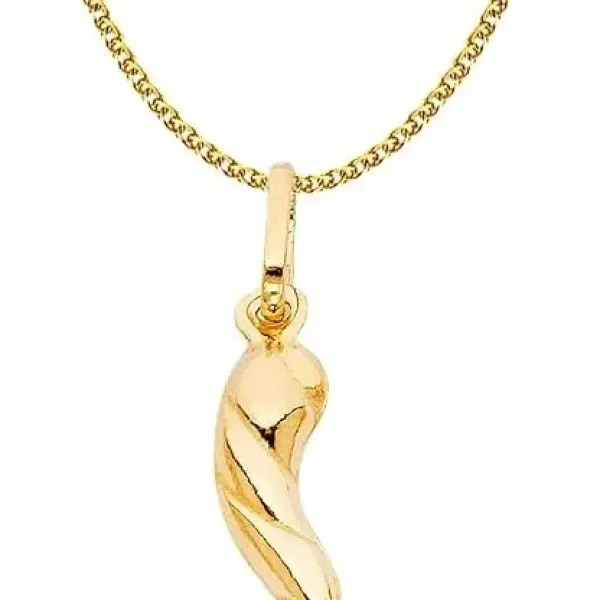 Ioka 14K Yellow Gold Twisted Cornicello Italian Fortune Horn Charm Pendant with 1.2mm Flat Open Wheat Chain Necklace