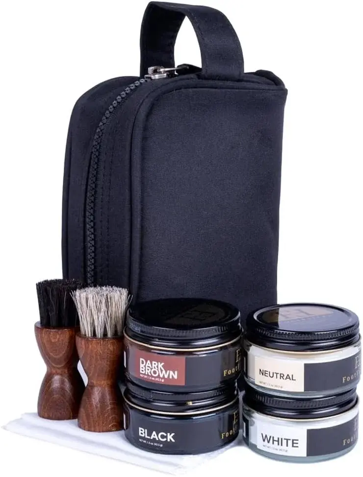 FootFitter Premium Shoe Cream Polish Kit – Leather Conditioning Creams, Shine Cloths, Applicators & Shoe Care Travel Bag