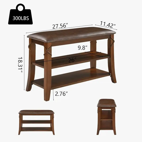 Shoe Storage Bench with Solid Wood Legs, No-tool Assembly, 2-Tier Entry Shoe Rack Bench with PU Cushion, Shoe Organizer, Holds Up to 300 lb, 11.4 x 27.5 x 18.3, Cherry Leg and Embossed Brown HXDDR200