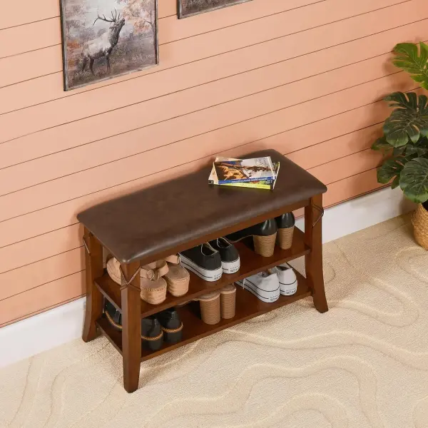 Shoe Storage Bench with Solid Wood Legs, No-tool Assembly, 2-Tier Entry Shoe Rack Bench with PU Cushion, Shoe Organizer, Holds Up to 300 lb, 11.4 x 27.5 x 18.3, Cherry Leg and Embossed Brown HXDDR200