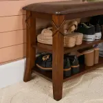 Shoe Storage Bench with Solid Wood Legs, No-tool Assembly, 2-Tier Entry Shoe Rack Bench with PU Cushion, Shoe Organizer, Holds Up to 300 lb, 11.4 x 27.5 x 18.3, Cherry Leg and Embossed Brown HXDDR200