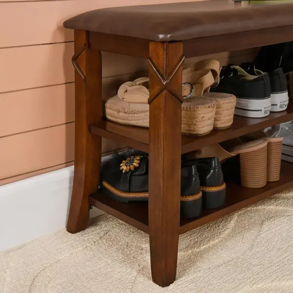 Shoe Storage Bench with Solid Wood Legs, No-tool Assembly, 2-Tier Entry Shoe Rack Bench with PU Cushion, Shoe Organizer, Holds Up to 300 lb, 11.4 x 27.5 x 18.3, Cherry Leg and Embossed Brown HXDDR200