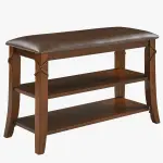Shoe Storage Bench with Solid Wood Legs, No-tool Assembly, 2-Tier Entry Shoe Rack Bench with PU Cushion, Shoe Organizer, Holds Up to 300 lb, 11.4 x 27.5 x 18.3, Cherry Leg and Embossed Brown HXDDR200