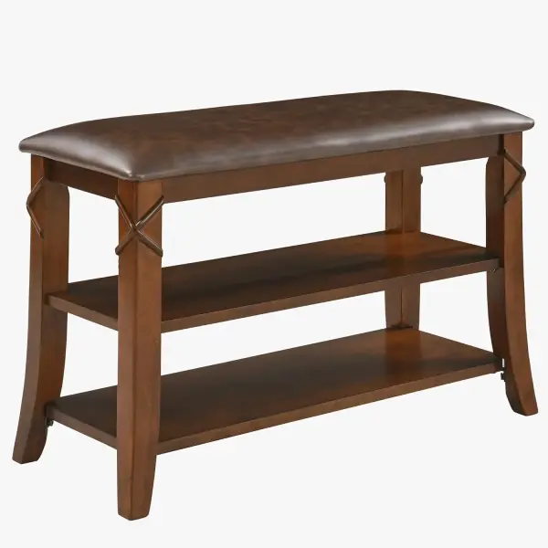 Shoe Storage Bench with Solid Wood Legs, No-tool Assembly, 2-Tier Entry Shoe Rack Bench with PU Cushion, Shoe Organizer, Holds Up to 300 lb, 11.4 x 27.5 x 18.3, Cherry Leg and Embossed Brown HXDDR200