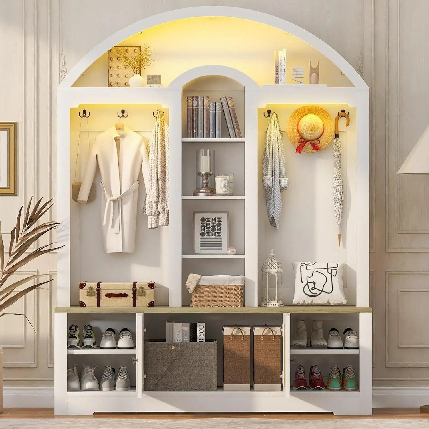 LUMISOL Arched Hall Tree with LED Light, Wide Entryway Bench with Bench and Shoe Storage, White+Walnut