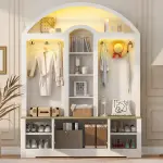 LUMISOL Arched Hall Tree with LED Light, Wide Entryway Bench with Bench and Shoe Storage, White+Walnut