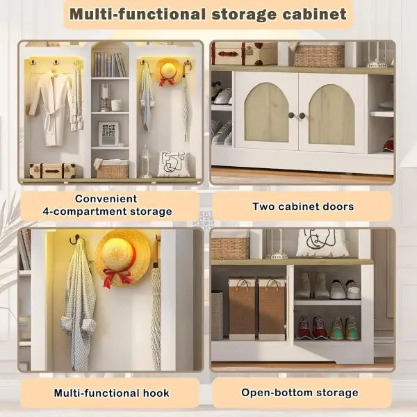LUMISOL Arched Hall Tree with LED Light, Wide Entryway Bench with Bench and Shoe Storage, White+Walnut