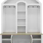 LUMISOL Arched Hall Tree with LED Light, Wide Entryway Bench with Bench and Shoe Storage, White+Walnut