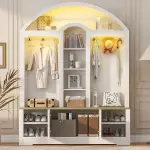 LUMISOL Arched Hall Tree with LED Light, Wide Entryway Bench with Bench and Shoe Storage, White+Walnut