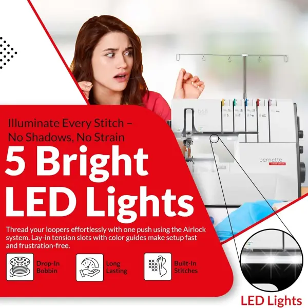 Bernette B68 Airlock Serger Sewing Machine | Adjustable Stitch Length, 1300SPM, LED Light, 5 Thread Options, Presser Foot Adjustment | Free 6 Pcs Overlock Foot Kit & 7 Pcs Coverstitch Foot Kit