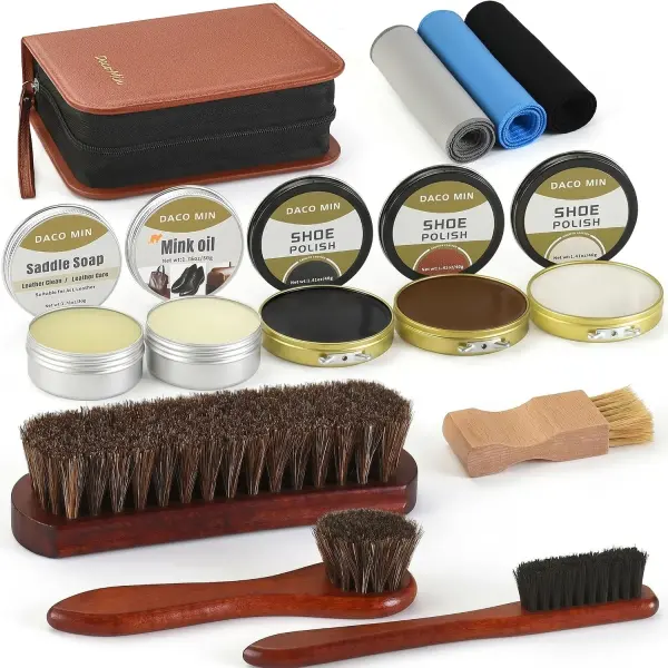 13-Pcs Complete Shoe Shine Kit & Leather Boot Care and Cleaning Kit - 100% Horsehair Brushes, Mink Oil, Saddle Soap, Shoe Polish Kit with Manual & Travel Case - Gift for Dad Husband Father