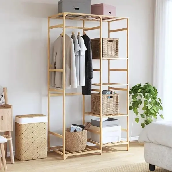 Natural Bamboo Clothes Rack 39.4 x 19.7 x 72.6 Inches, Ample Storage for Clothes Shoes Accessories, Durable Minimalist Design for Bedroom Hallway, Easy Care Versatile