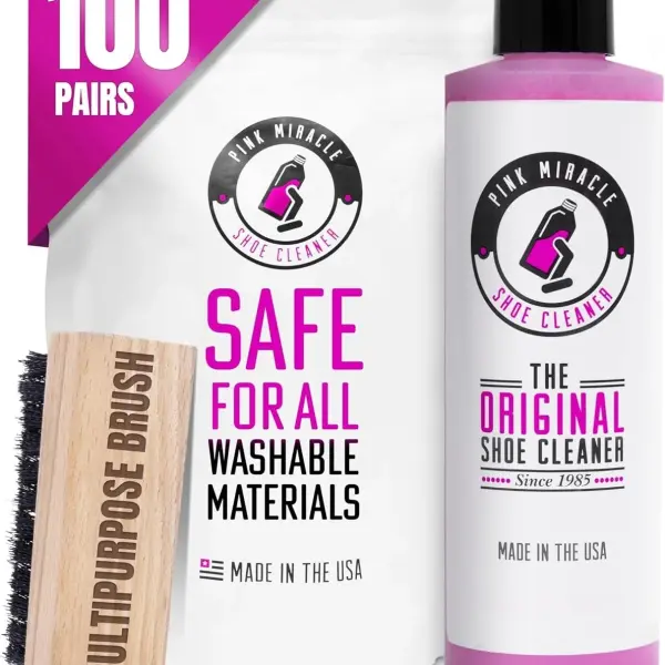 Pink Miracle Shoe Cleaner Kit with Bottle and Brush For Fabric Cleaner For Leather, Whites, Suede and Nubuck Sneakers
