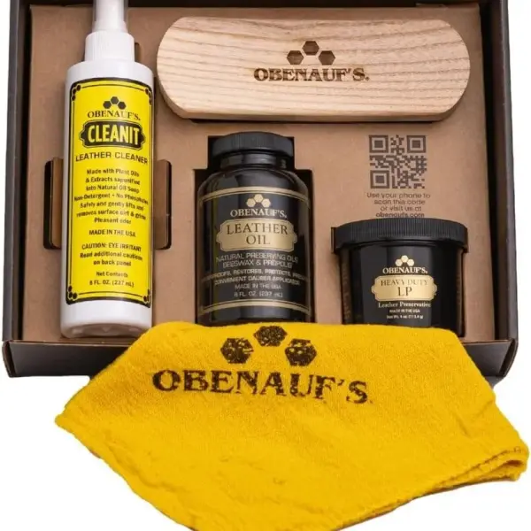 Obenauf's Leather Care Essentials Kit - 4oz Heavy Duty Leather Preservative - 8oz Leather Oil Leather Conditioner - 8oz Cleanit Leather Cleaner - Horsehair Brush - Cleaning Cloth