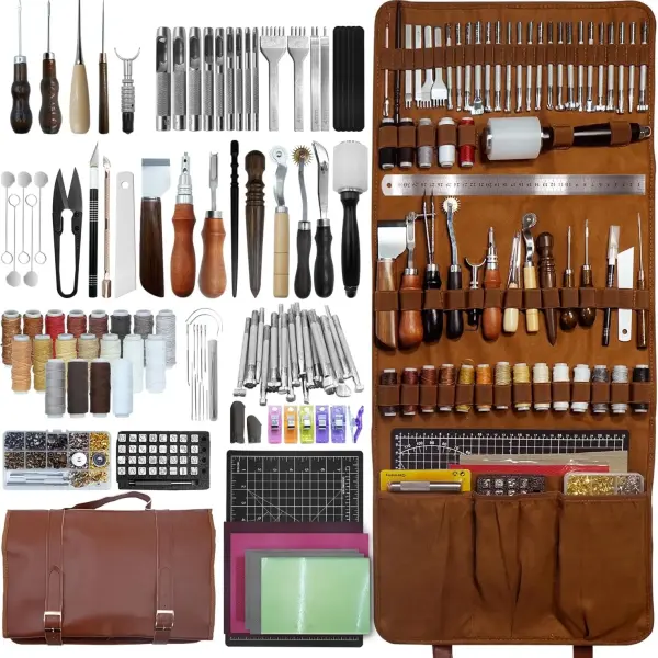 ESMING Leathercraft Kit & Tool Set - Leather Stamping, Sewing, Punching, Engraving, Carving Tools for Leather Working, Custom Handbag Making, Professional Crafting Supplies