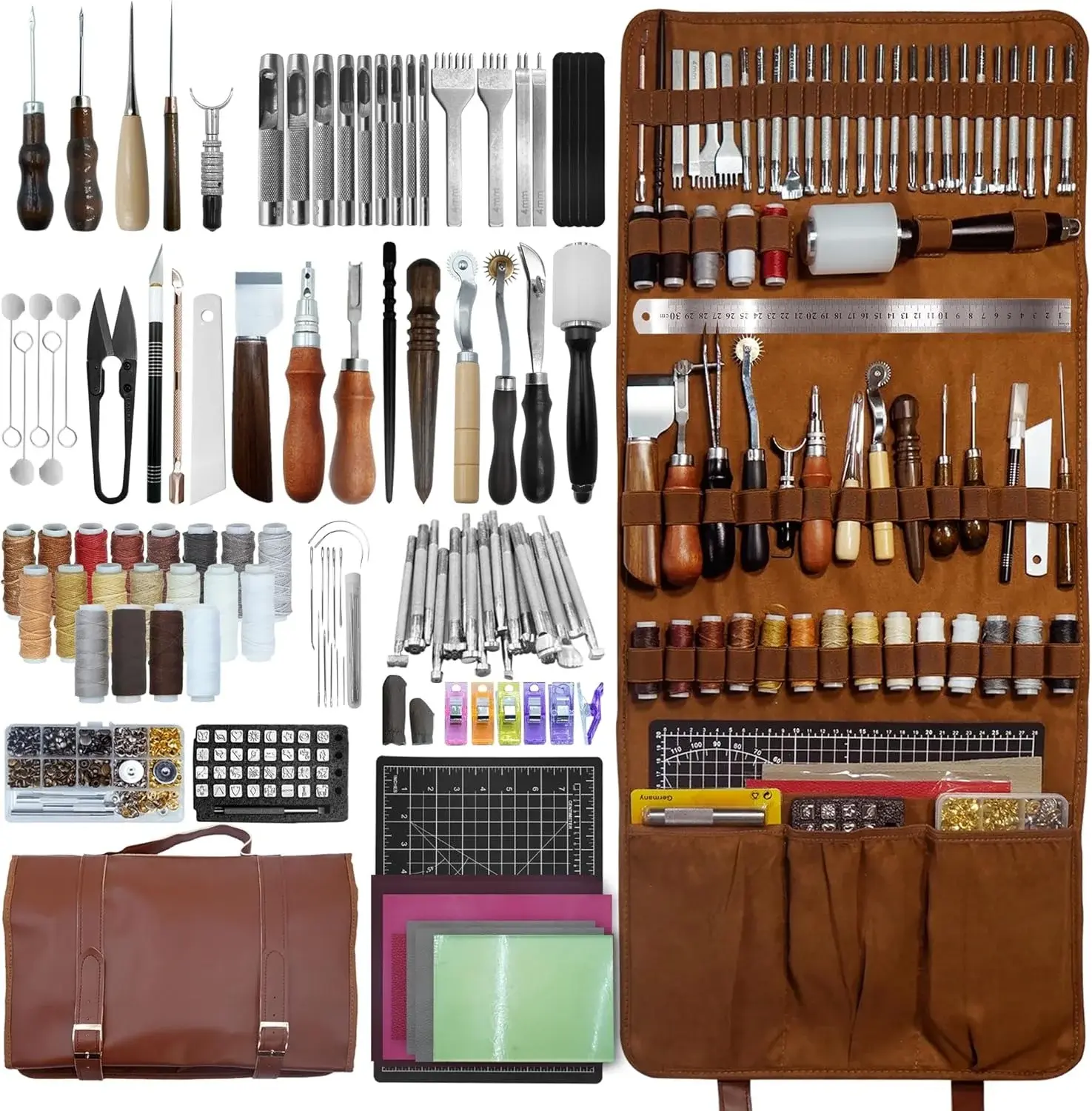 ESMING Leathercraft Kit & Tool Set - Leather Stamping, Sewing, Punching, Engraving, Carving Tools for Leather Working, Custom Handbag Making, Professional Crafting Supplies