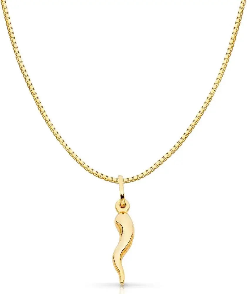 Ioka 14K Yellow Gold Cornicello Italian Horn Necklace Good Luck Charm Pendant with 0.8mm Box Chain