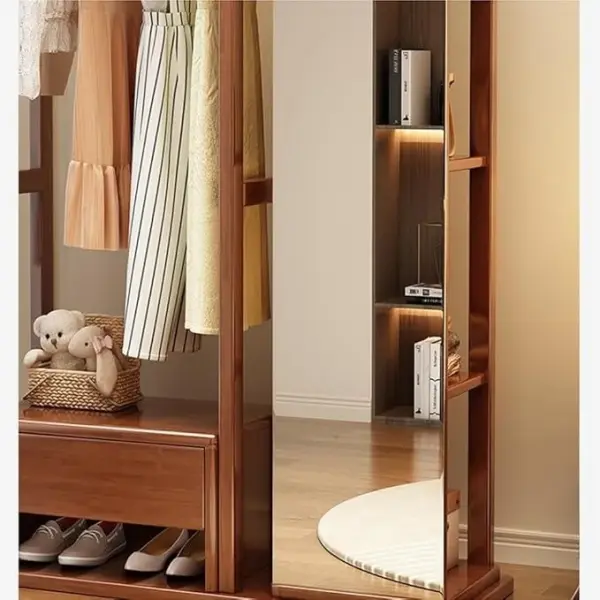 Hat stand Solid Wood Clothes Hanger Dressing Mirror Bedroom Floor Rotatable Multifunctional with Drawer Coat Rack Shoe Rack Hall Tree(Wood)