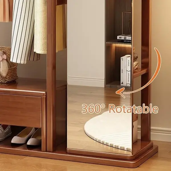 Hat stand Solid Wood Clothes Hanger Dressing Mirror Bedroom Floor Rotatable Multifunctional with Drawer Coat Rack Shoe Rack Hall Tree(Wood)