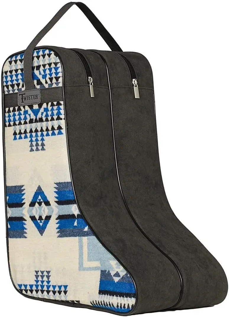 M&F Western Products TWISTER Boot Bag, Blue and Grey with Southwestern Fabric Design, Microsuede, Nylon Handles