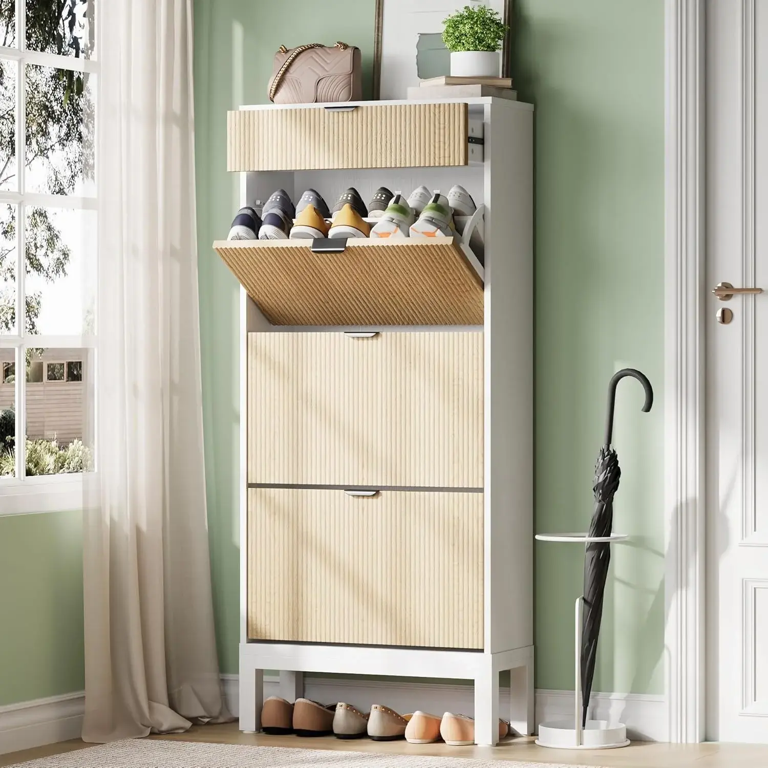 GAOMON Shoe Storage Cabinet with 3 Flip Drawers, Entryway Cabinet with Adjustable Shelves, Can Accommodate 18 to 24 Shoes, Space-Saving Narrow Shoe Rack for Entryway, Hallway, Front Door, White Oak