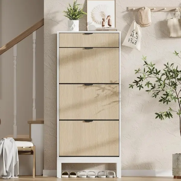 GAOMON Shoe Storage Cabinet with 3 Flip Drawers, Entryway Cabinet with Adjustable Shelves, Can Accommodate 18 to 24 Shoes, Space-Saving Narrow Shoe Rack for Entryway, Hallway, Front Door, White Oak