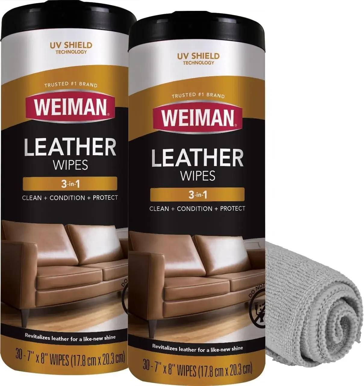 Weiman Leather Cleaner & Conditioner - Cleans, Restores & Protects Leather, UV Protection Prevent Cracking & Fading, For Car Seats, Sofas, Shoes, Bags & All Finished Leather Surfaces, 2 Pack, 60 Wipes