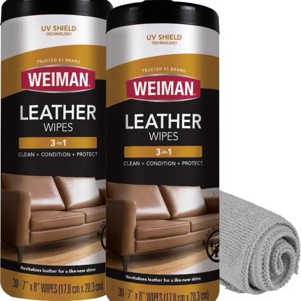 Weiman Leather Cleaner & Conditioner - Cleans, Restores & Protects Leather, UV Protection Prevent Cracking & Fading, For Car Seats, Sofas, Shoes, Bags & All Finished Leather Surfaces, 2 Pack, 60 Wipes