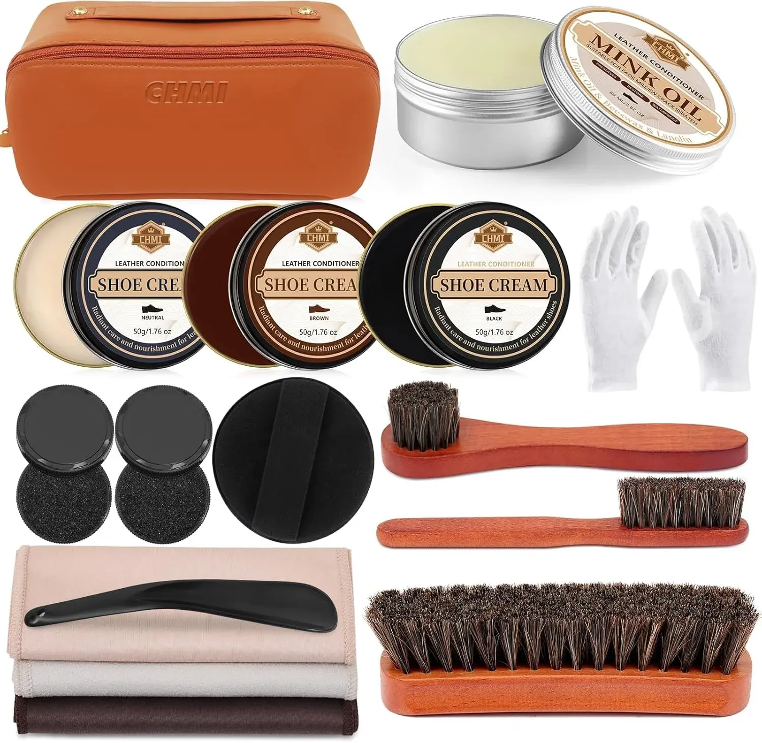 CHMI 16PCS Leather Shoe Polish Kit,Shoe Shine Kit with Black/Brown Shoe Polish,Shoe Bruhses for Leather Boot Care and Cleaning,Shoe Shine Gifts for Men