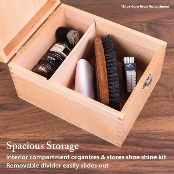 FootFitter Beech Wood Valet Box, Premium Shoe Shine Organizer with Classic Storage for Polish, Brushes, Cloths & Tools