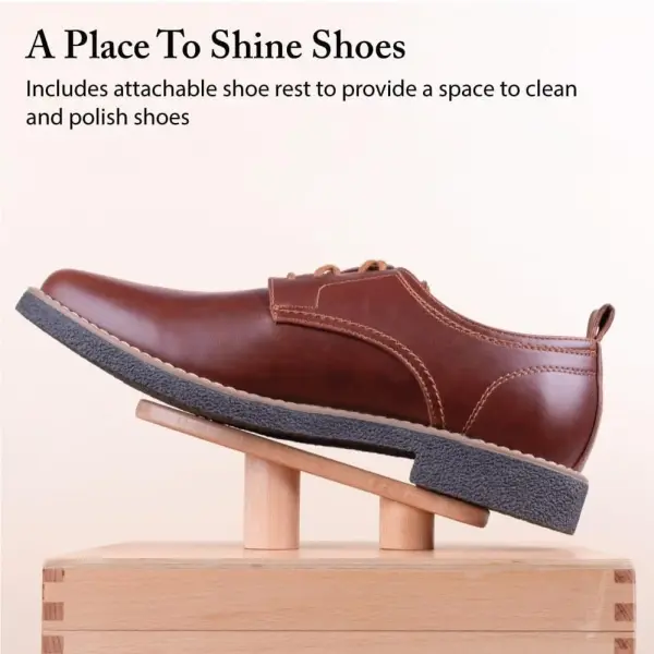 FootFitter Beech Wood Valet Box, Premium Shoe Shine Organizer with Classic Storage for Polish, Brushes, Cloths & Tools
