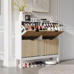 Shoe Storage Cabinet with 4 Flip Drawers, Entryway Cabinet with Adjustable Shelves, Can Accommodate 24 to 28 Shoes, Space-Saving Narrow Shoe Rack for Entryway, Hallway, Front Door, White Oak