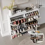 Shoe Storage Cabinet with 4 Flip Drawers, Entryway Cabinet with Adjustable Shelves, Can Accommodate 24 to 28 Shoes, Space-Saving Narrow Shoe Rack for Entryway, Hallway, Front Door, White Oak