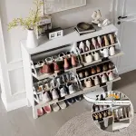 Shoe Storage Cabinet with 4 Flip Drawers, Entryway Cabinet with Adjustable Shelves, Can Accommodate 24 to 28 Shoes, Space-Saving Narrow Shoe Rack for Entryway, Hallway, Front Door, White Oak