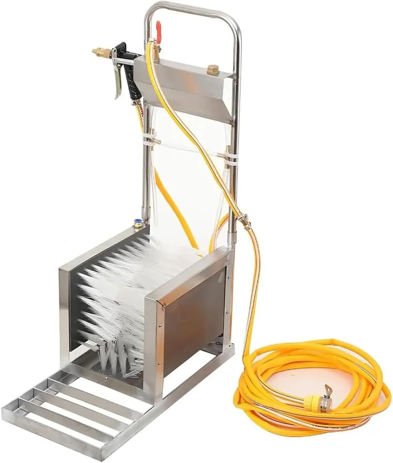 Boot Cleaning Station, Stainless Steel Shoe Scraper Brush with Integrated Water Spray Gun for Deep Cleaning Mud Removal in Outdoor Farm and Garden Use