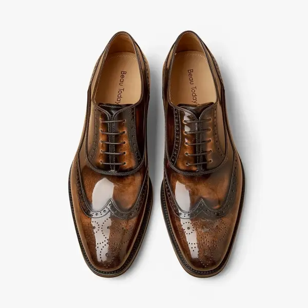 BEAU TODAY Oxfords Dress Shoes for Men Genuine Leather Brogue Oxford Shoes Lace Up Wedding Dress Shoes Mens Formal Business Mens Wingtip Shoes