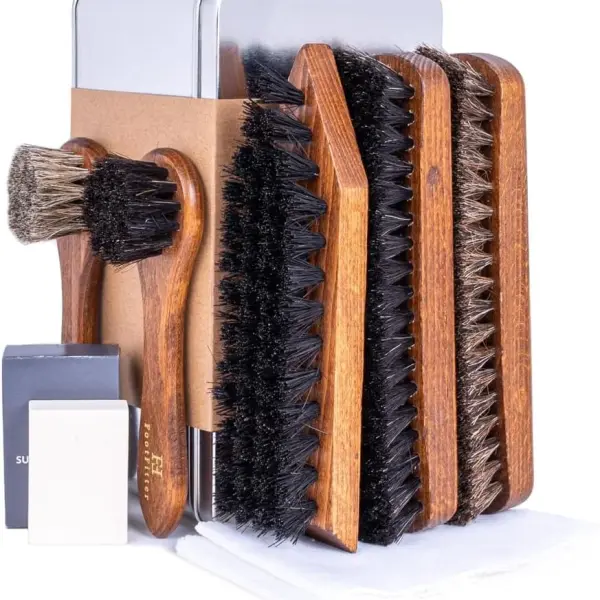 FootFitter Premium Shoe Care Brush Set, Horsehair Shine Brushes & Tools for Polishing Leather & Suede Shoes (Made in Germany)