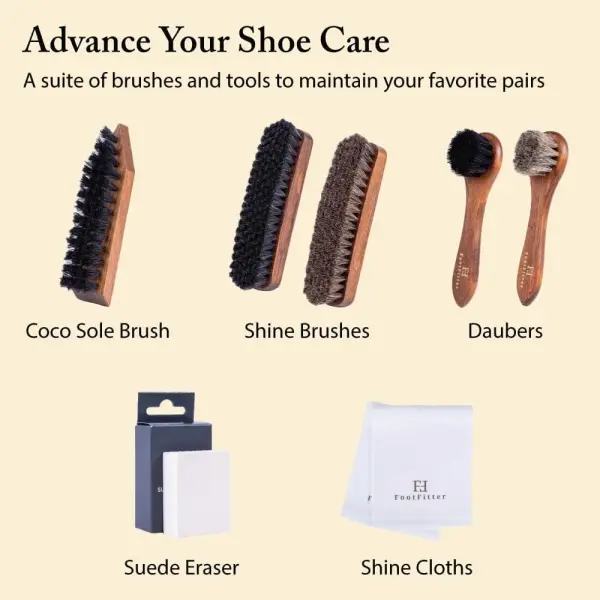 FootFitter Premium Shoe Care Brush Set, Horsehair Shine Brushes & Tools for Polishing Leather & Suede Shoes (Made in Germany)
