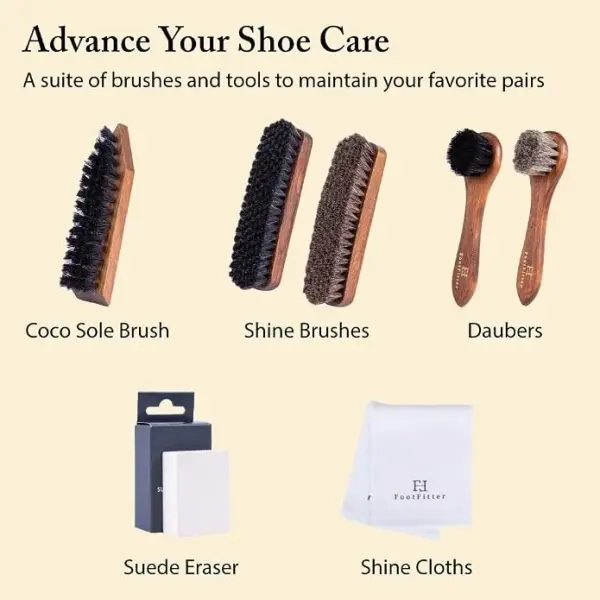 FootFitter Premium Shoe Care Brush Set, Horsehair Shine Brushes & Tools for Polishing Leather & Suede Shoes (Made in Germany)