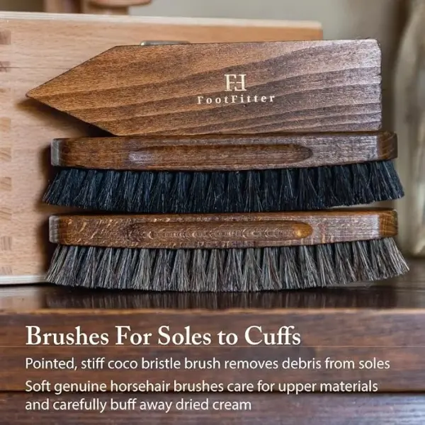 FootFitter Premium Shoe Care Brush Set, Horsehair Shine Brushes & Tools for Polishing Leather & Suede Shoes (Made in Germany)