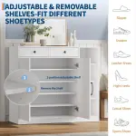 Farmhouse Shoe Cabinet with 2 Barn Doors & 2 Drawers, 4 Adjustable Shelves Shoe Storage Organizer Cabinet, Hooks & Open Storage for Hallway, Entryway, Mudroom, Closet, White