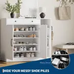 Farmhouse Shoe Cabinet with 2 Barn Doors & 2 Drawers, 4 Adjustable Shelves Shoe Storage Organizer Cabinet, Hooks & Open Storage for Hallway, Entryway, Mudroom, Closet, White