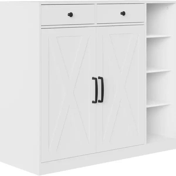Farmhouse Shoe Cabinet with 2 Barn Doors & 2 Drawers, 4 Adjustable Shelves Shoe Storage Organizer Cabinet, Hooks & Open Storage for Hallway, Entryway, Mudroom, Closet, White