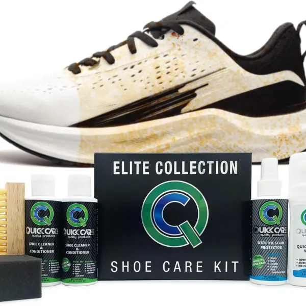 QuickCare Elite Collection - 4 oz Shoe Cleaner & Conditioner, Water & Stain Protection, 2.5 oz Quick Touch White, Brush & Sponge - Complete Shoe Cleaning Set for Sneakers, Leather, and More