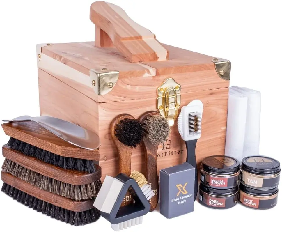 FootFitter Leather Shoe Shine & Suede Cleaning Set with Grand Cedar Valet Box, Polish Creams, Brushes & Premium Care Tools