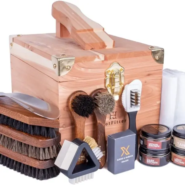 FootFitter Leather Shoe Shine & Suede Cleaning Set with Grand Cedar Valet Box, Polish Creams, Brushes & Premium Care Tools