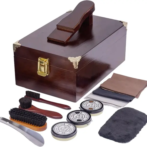 10 Pcs Deluxe Shoe Shine Box Set & Shoe Care Polish Kit with Foot Rest, Wooden Care Tools Storage Box Perfect for Multi- Leather Shoes
