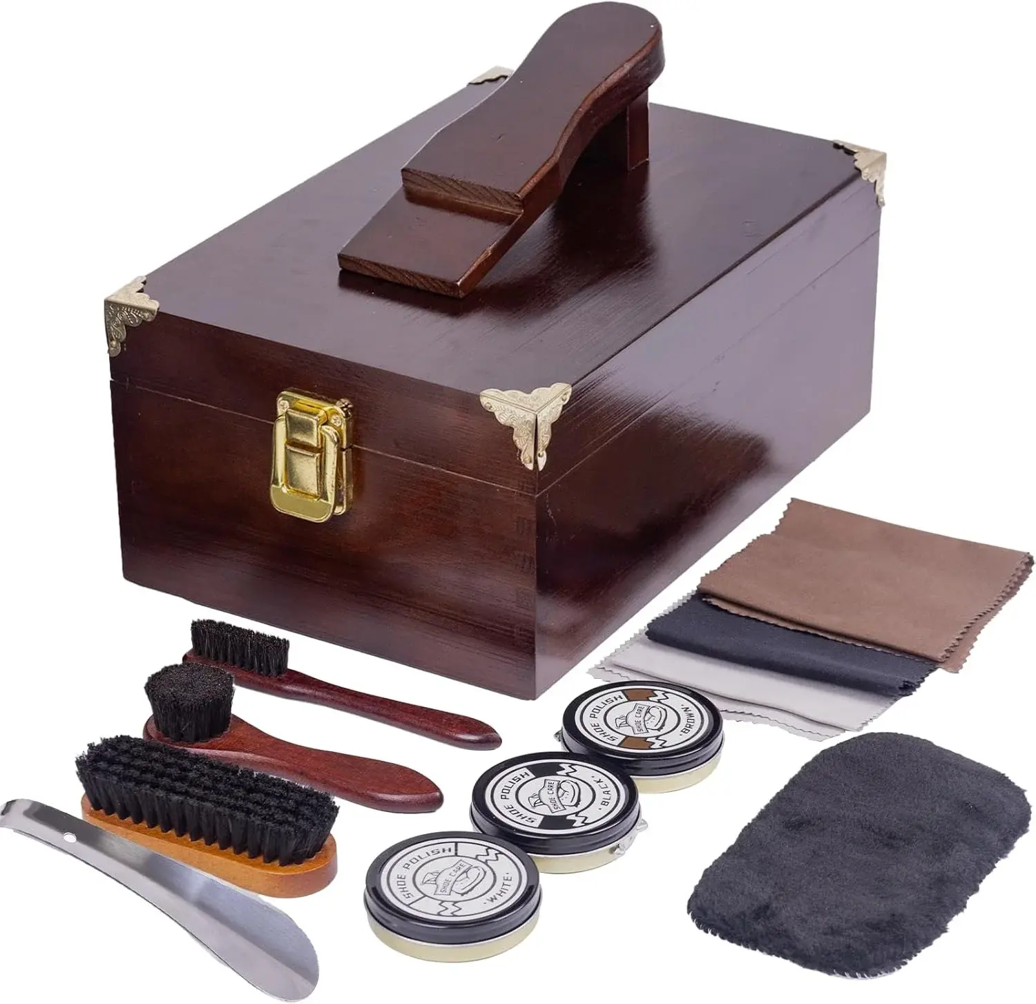 10 Pcs Deluxe Shoe Shine Box Set & Shoe Care Polish Kit with Foot Rest, Wooden Care Tools Storage Box Perfect for Multi- Leather Shoes