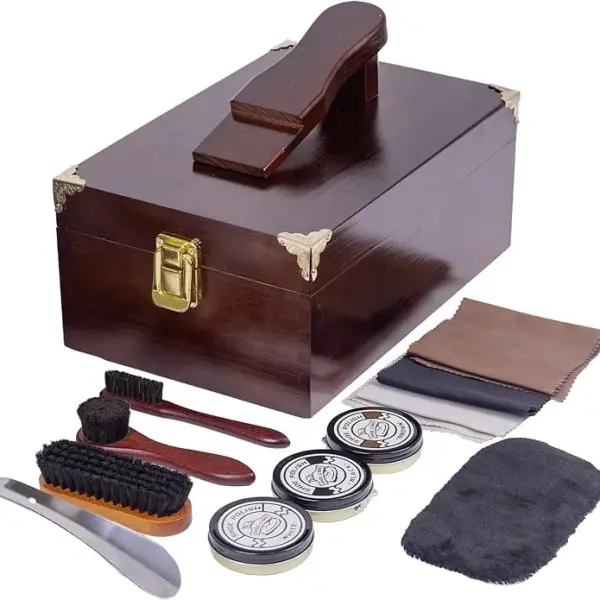 10 Pcs Deluxe Shoe Shine Box Set & Shoe Care Polish Kit with Foot Rest, Wooden Care Tools Storage Box Perfect for Multi- Leather Shoes